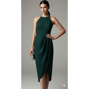 BHLDN Deep Forest Green Crepe Midi Dress - High Neck Halter - Tulip Hem - Size 4